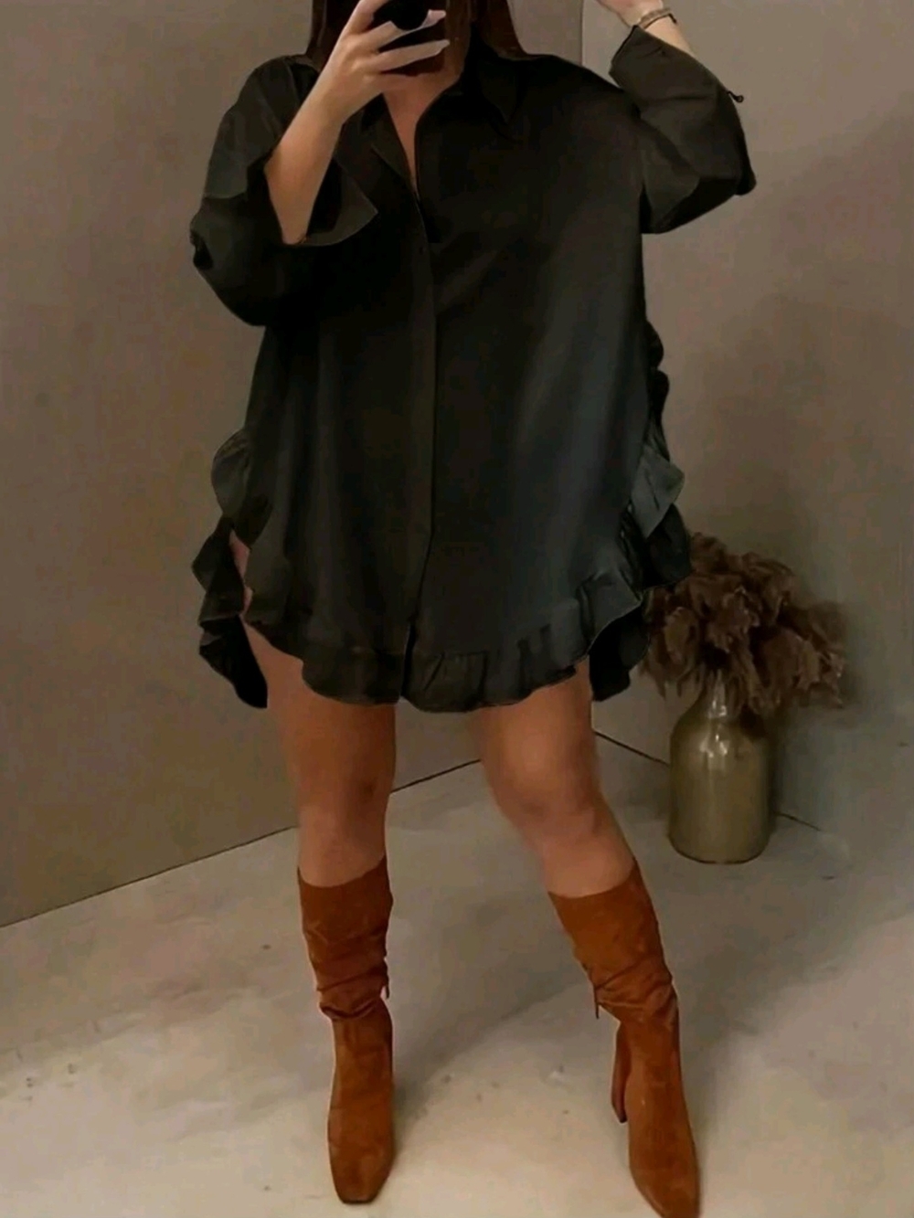 Black Ruffle Hem Shirt Dress - Women